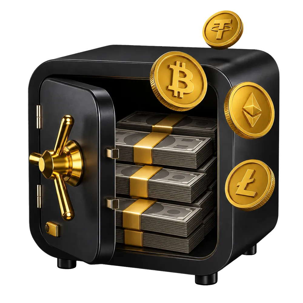 Vault with cash and Bitcoin, Ethereum, Litecoin and Tether coins