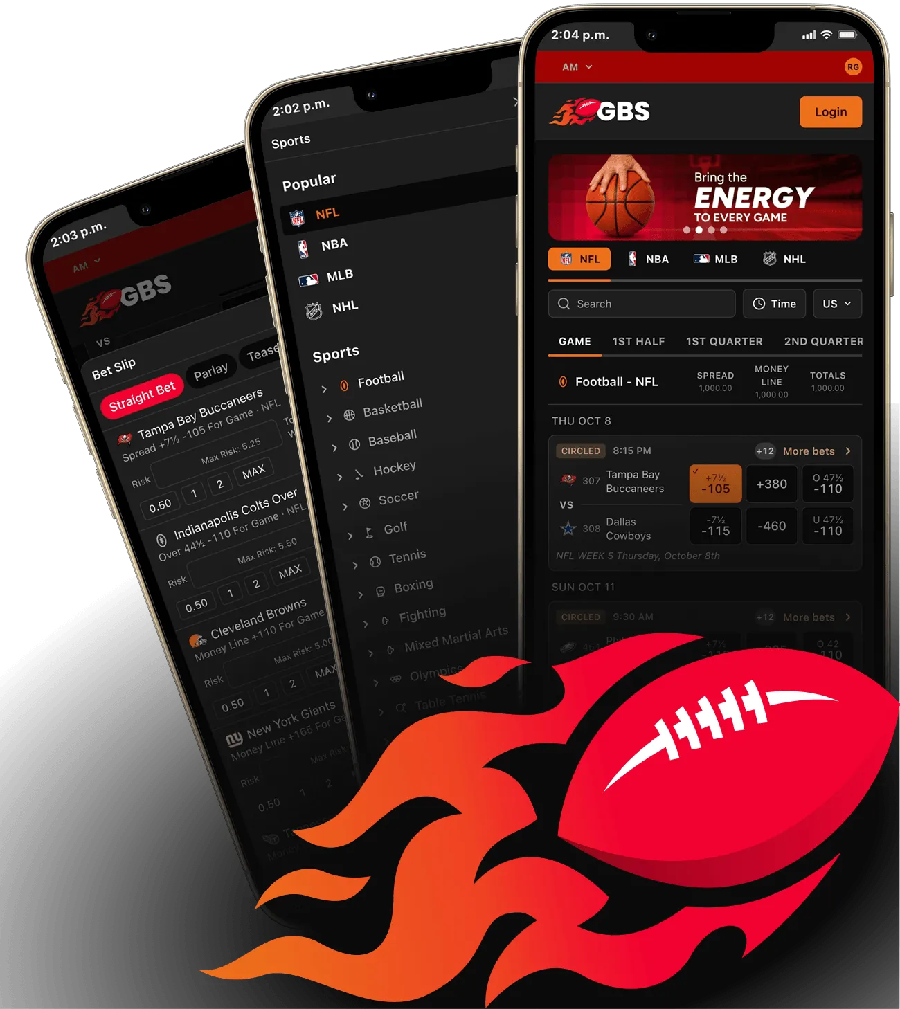 GBS mobile sportsbook on three phones: sports menu, league odds and live games