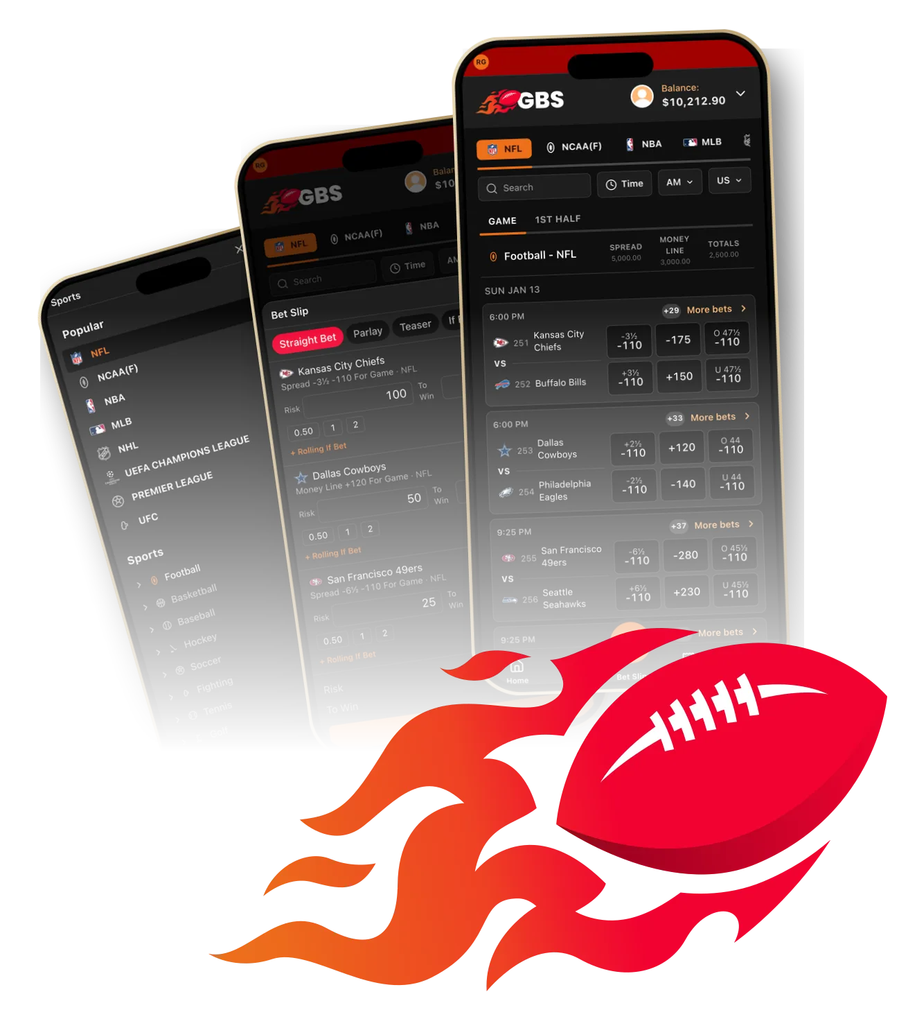 GBS mobile sportsbook on three phones: sports menu, league odds and live games