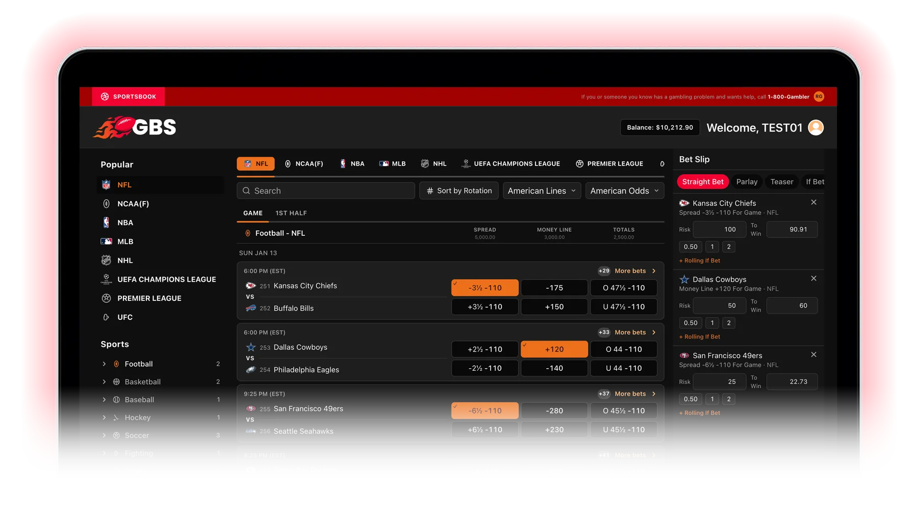 GBS sportsbook platform on a laptop: featured events, live games and the bet slip