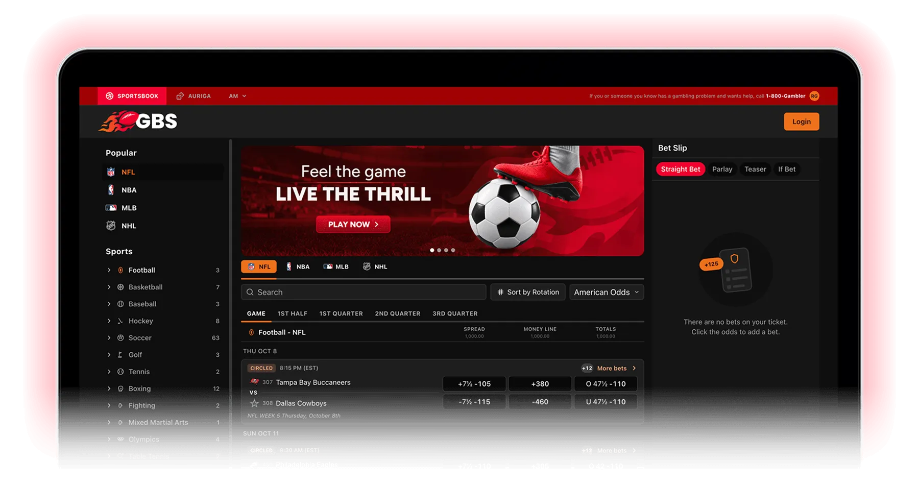 GBS sportsbook platform on a laptop: featured events, live games and the bet slip